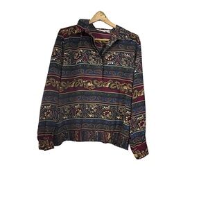 Alfred Dunner 100% polyester. Burgundy/dark teal/emerald/gold shade/dark